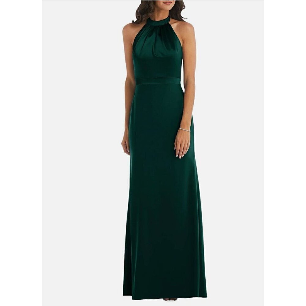 New After Six Size 14-R High-Neck Open-Back Maxi Dress With Scarf Tie *Defect*